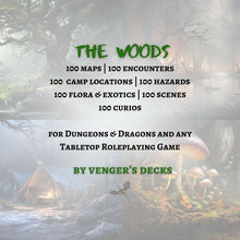 Load image into Gallery viewer, The Woods - Maps, Encounters, Scenes, Flora & Exotics, Curios, Hazards, Camp Locations